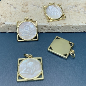Square gold angel pendant with white mother of pearl inlay for DIY jewelry making