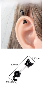 Detail showing dimensions of black cat cartilage earring with screw flat back stud