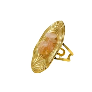 Gouden roestvrijstalen ovale ring met roze edelstenen en verstelbare open band