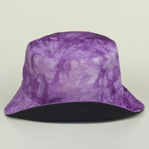 Detailed view of tie-dye bucket hat with purple white texture and black inner brim