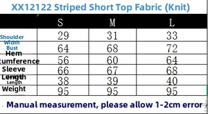 Detailed size chart for women's striped knit crop top showing measurements for S, M, L