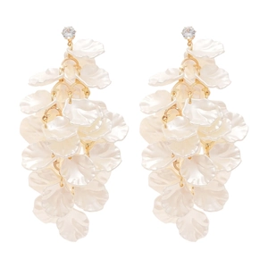 Elegant white shell leaf tassel drop earrings with gold metal links on a white background
