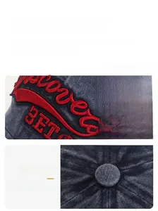Detailed macro view of red letter embroidery on vintage washed grey baseball cap