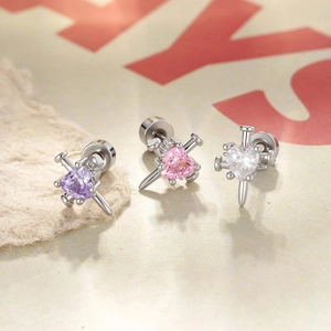 Heart zircon titanium steel cross screw earrings with silver finish and cubic stones