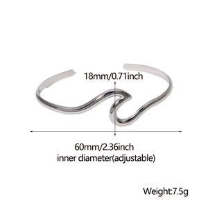 Detailed view of silver stainless steel cuff bracelet with 18mm wave height and dimensions