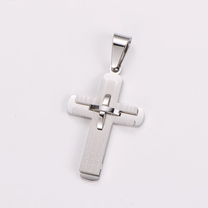 Detail shot of a silver stainless steel cross pendant with double-layered grid texture