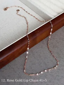Detail of rose gold lip chain necklace showing 41+5cm length and lobster clasp