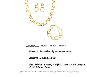 Detailed size parameters of gold oval link jewelry set in eco-friendly stainless steel