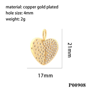 Detailed specs of 21mm hollow heart pendant with micro-pave zircons and gold plating