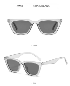 Detailed front and side views of transparent gray square frame sunglasses with dark lenses