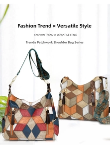 Detail of retro patchwork shoulder bag with geometric patterns and ethnic style wide straps