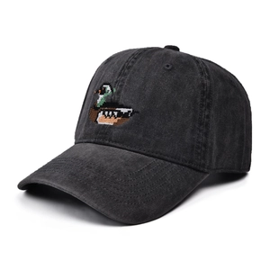 Vintage black washed denim baseball cap with detailed pixel art duck embroidery
