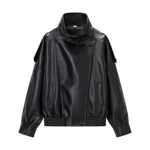 Fashionable black PU leather jacket featuring a stand collar and elastic waist for women