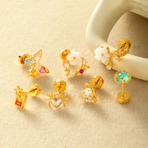 Set of 7 gold stainless steel earrings with butterfly spider and heart shapes