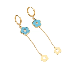 Elegant gold tassel earrings with turquoise moon star and blue floral pendants