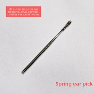 Detail view of a stainless steel spring ear pick with anti-slip handle for ear cleaning