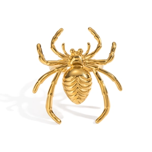 Detailed macro shot of a golden spider ring with intricate metallic casting and shiny finish