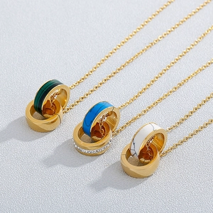 Gold stainless steel interlocking ring necklaces with malachite and turquoise inlays