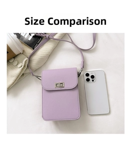 Lavender mini crossbody phone bag size comparison with smartphone and silver turn-lock