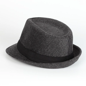 Detail of wool felt fedora hat featuring grey mottled texture and black decorative band