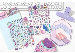 Macro detail of 3-sheet 2.5D starry concert PET stickers featuring miniature furniture and cats