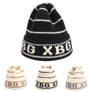 Knitted Beanie Hat Striped Letter Jacquard Ribbed Cuff Warm Winter Acrylic Soft Skull Cap For Women Men Unisex