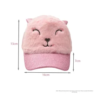 Pink plush baseball cap for girls with cat ears and detailed dimensions 13x16x7cm