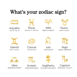 Colección de doce colgantes de signos del zodiaco en acero dorado con nombres y fechas