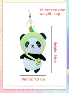 Detail of avocado panda plush charm with metal keychain showing size 14x7.5x6cm
