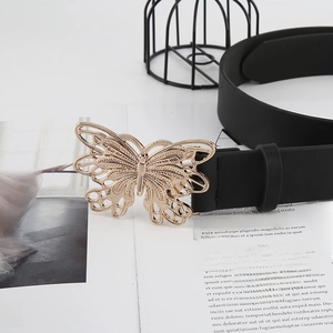 Minimalist black leather belt for women featuring a gold hollow butterfly metal buckle