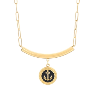 Golden titanium steel anchor pendant necklace with black enamel heart design for women