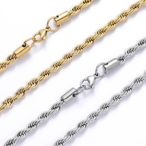 Polished stainless steel twist chain necklaces in gold and silver with lobster clasps