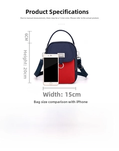 Detail view of small nylon crossbody bag showing 20x15x9cm dimensions and multi-pocket layout