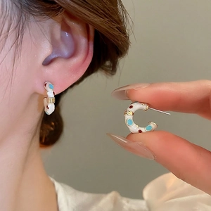 French vintage C-shaped enamel earrings with colorful dots and gold wave accents