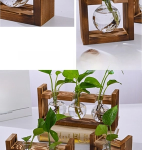 Detailed close-up of a triple glass bulb hydroponic vase on a rustic wooden stand