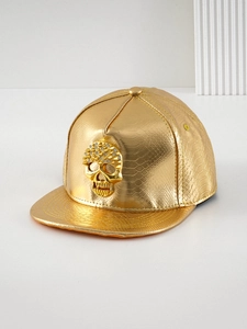Detailed side view of golden PU leather baseball cap with a 3D rhinestone skull design
