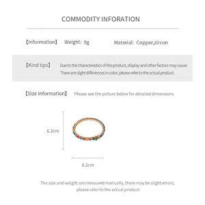 Detailed size chart for the heart zircon bangle featuring copper and zircon material specs