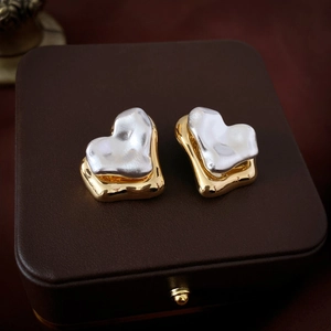 Irregular Heart Stud Earrings Two Tone Gold Silver Copper With 925 Sterling Silver Earring Post French Vintage For Women