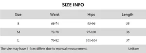 Detailed size chart for floral print mini skirt with waist and hip measurements