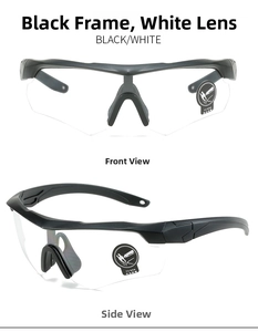Tactical safety goggles with black semi-rimless frames and clear anti-impact lenses