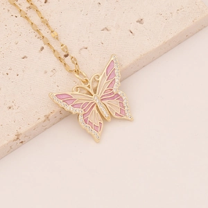 Golden necklace with pink enamel butterfly pendant and clear zircon stones on stone base