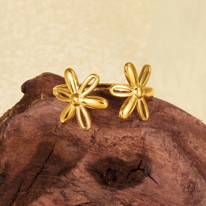 Polished double floral 304 stainless steel open ring for women on rustic wood
