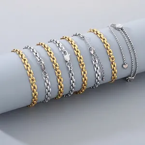 Fashion 304 Stainless Steel Bracelet 18K Gold Plated Rectangle Link Chain Heart Charm Adjustable Slider For Women