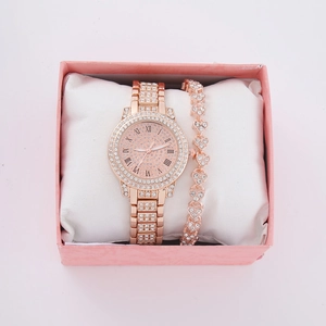 Rose gold watch and heart bracelet gift set with sparkling rhinestones in a display box