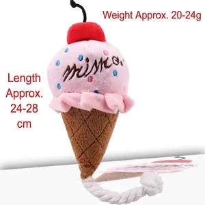 Pink ice cream plush dog squeaky toy with red cherry and cotton rope tail 24-28cm
