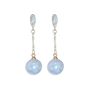 French vintage gold plated earrings with light blue pearls and zircon in long drop design
