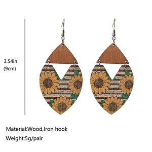 Detail view of sunflower pattern wooden earrings with 3.54in length and material specs