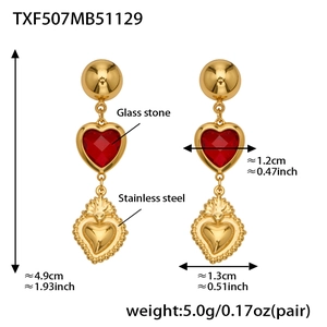 Detailed size chart for gold stainless steel drop earrings with red glass heart stone
