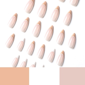 Unghie finte French lunghe a mandorla minimaliste con spirali bianche in nudo e rosa