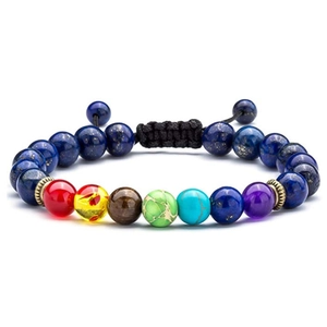 Adjustable seven chakra energy bracelet with lapis lazuli beads and woven cord